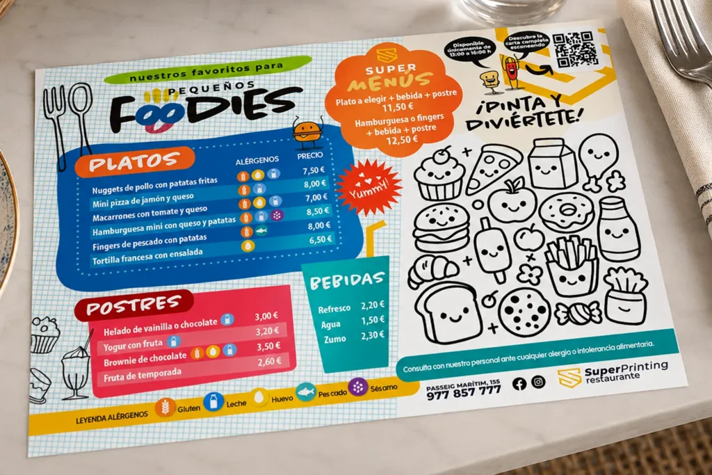Ideas para un menú infantil para restaurantes: qué información incluir y qué diseño elegir 3 Menú infantil con dibujos de alimentos para colorear