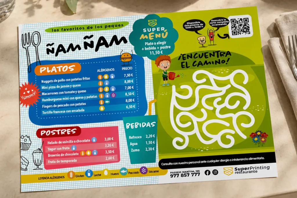 Ideas para un menú infantil para restaurantes: qué información incluir y qué diseño elegir 6 Menú infantil con laberinto inspirado en la naturaleza