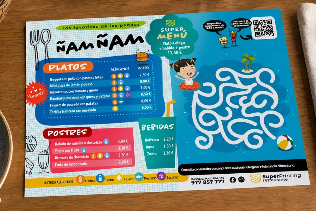 Ideas para un menú infantil para restaurantes: qué información incluir y qué diseño elegir 4 Menú infantil con laberinto de temática marítima