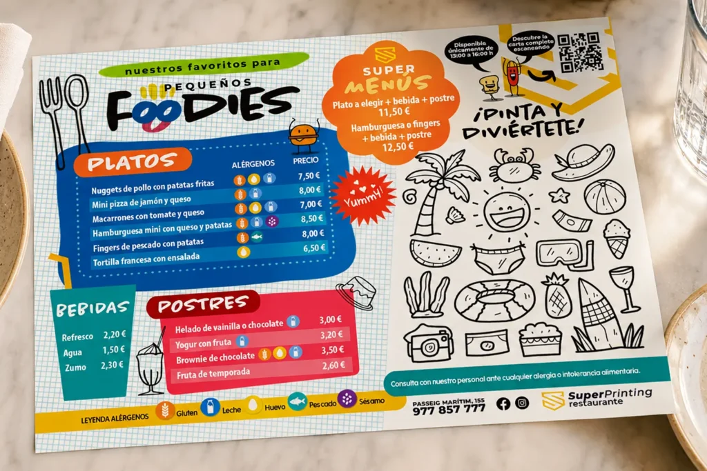 Ideas para un menú infantil para restaurantes: qué información incluir y qué diseño elegir 5 Menú infantil con dibujos de verano para colorear