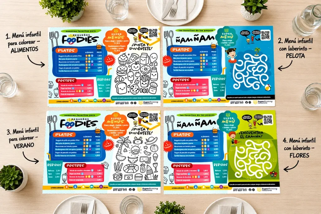 Menús infantiles para restaurantes personalizados Cuatro diseños de menú infantil para restaurantes en formato mantel, con opciones para colorear y laberintos, presentados sobre una mesa moderna de restaurante.