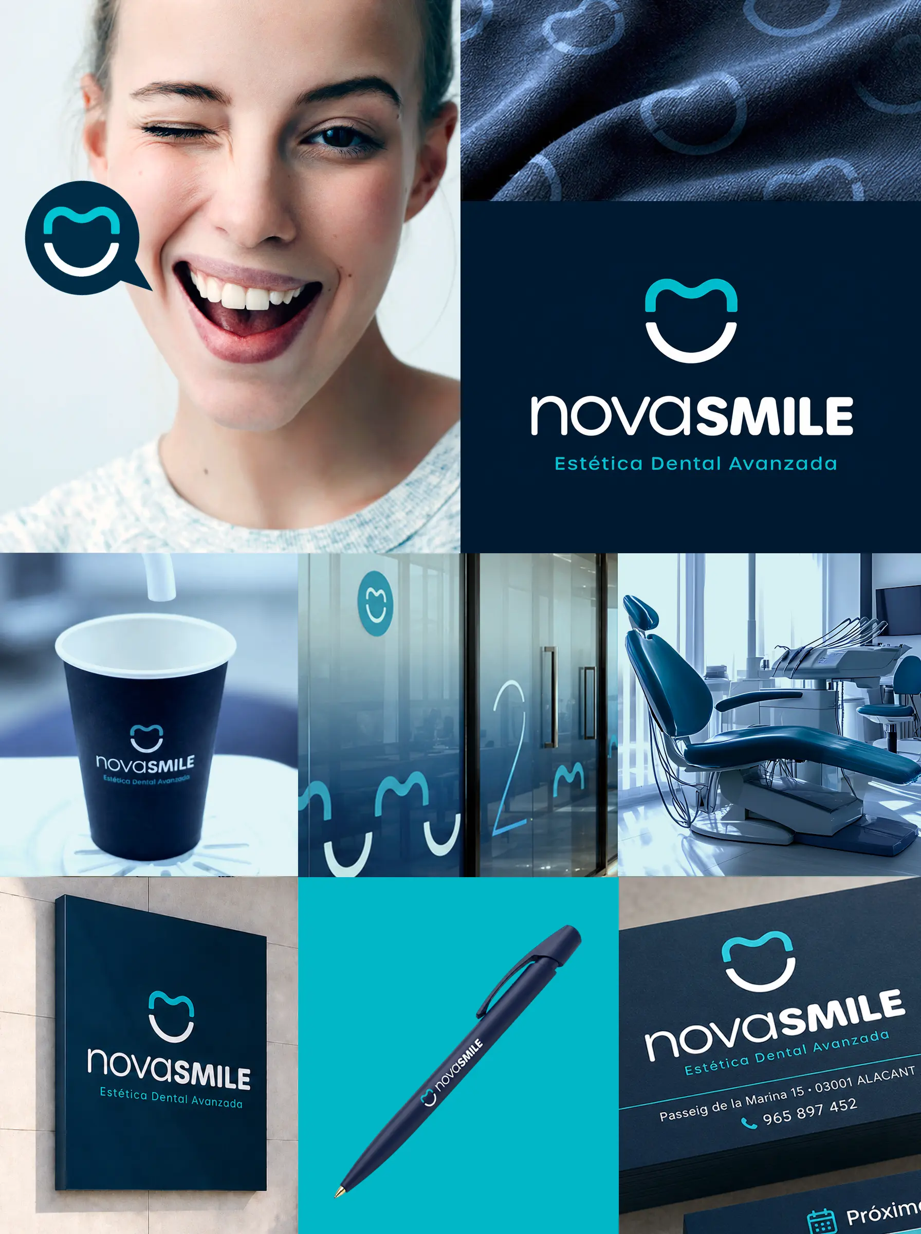 NovaSmile · Branding para clínica dental: diseño de logotipo e identidad visual 3 Ejemplo de branding para clínica dental NovaSmile con logotipo, tarjetas, uniformes, bolígrafo, vaso y señalética personalizada.