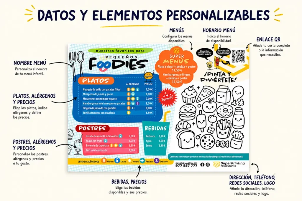 Ideas para un menú infantil para restaurantes: qué información incluir y qué diseño elegir 2 Infografía de menú infantil personalizable para restaurantes con platos, postres, bebidas, alérgenos, precios, código QR, horario y datos del negocio.