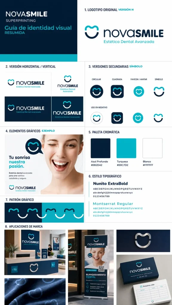 NovaSmile · Branding para clínica dental: diseño de logotipo e identidad visual 4 Guía de identidad de marca de la Clínica Dental NovaSmile con logotipo, paleta cromática, tipografía y aplicaciones visuales
