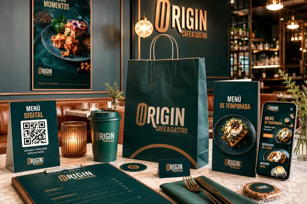 Tarjetas de visita para restaurantes: 6 ideas según el tipo de negocio 10 Imagen corporativa coordinada en los materiales del rebranding del restaurante Origin Café & Gastro