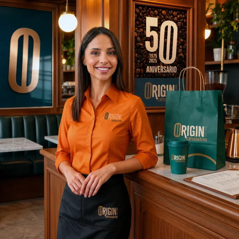 Uniforme y cartelería personalizada de Origin Café & Gastro